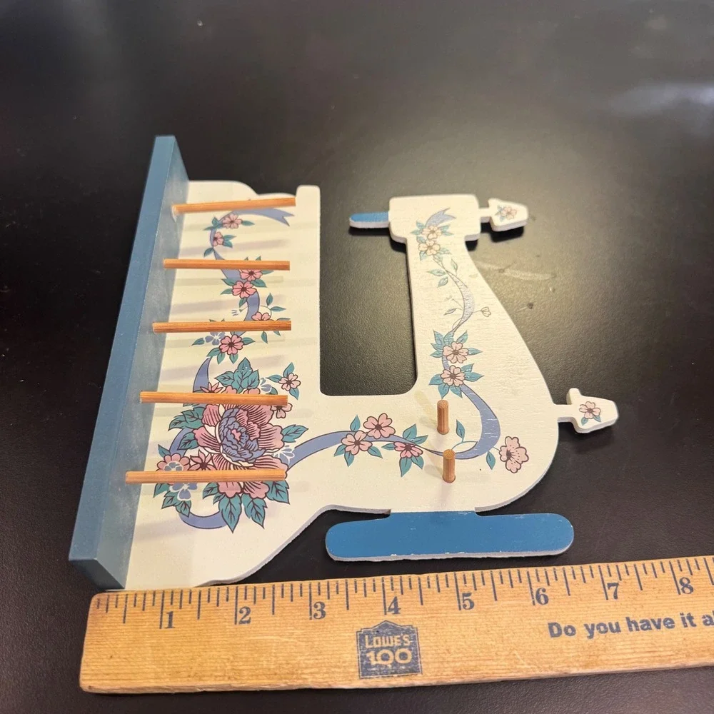 Sewing Machine Thread Rack White Blue Floral Wood Spool Holder countrycore